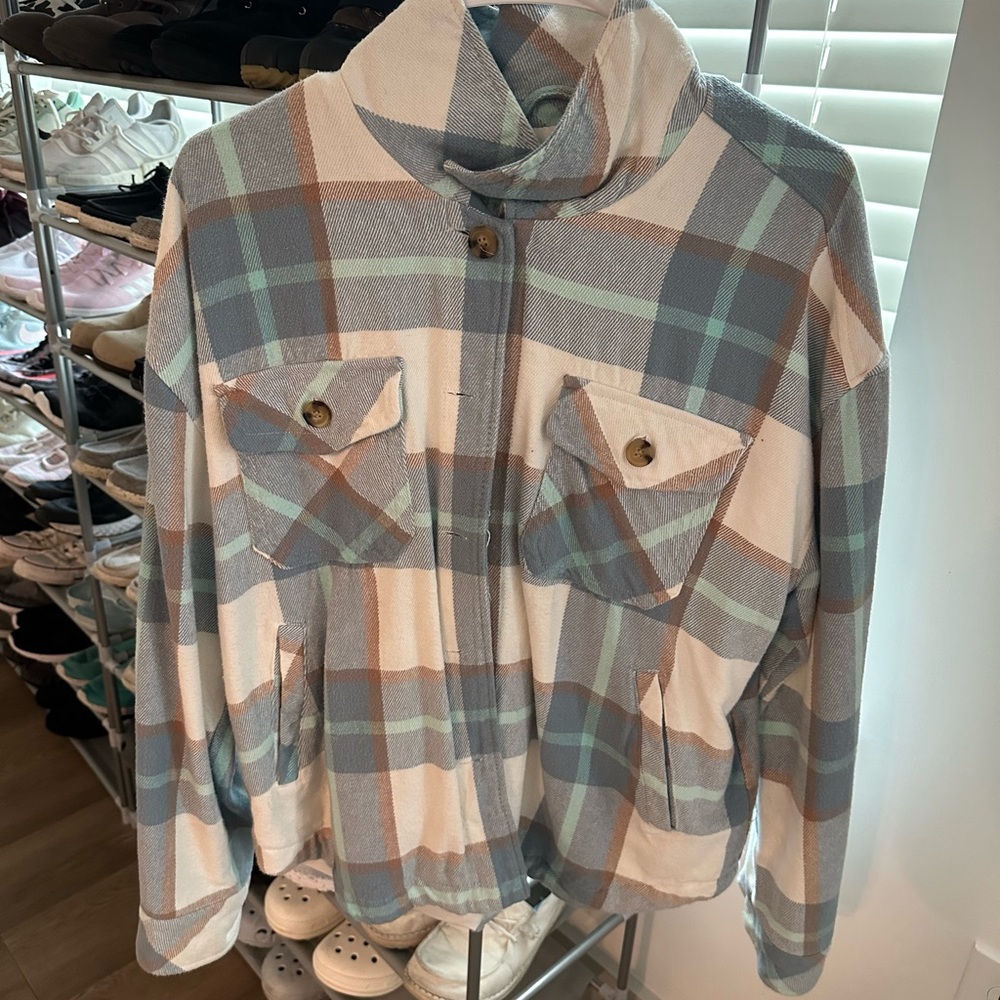 Aeropostale Plaid Pea Coat in Cream, Gray & Blue